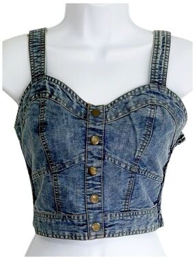 JAPNA Denim Corset Crop Top Smocked Back Button Front Tank Small